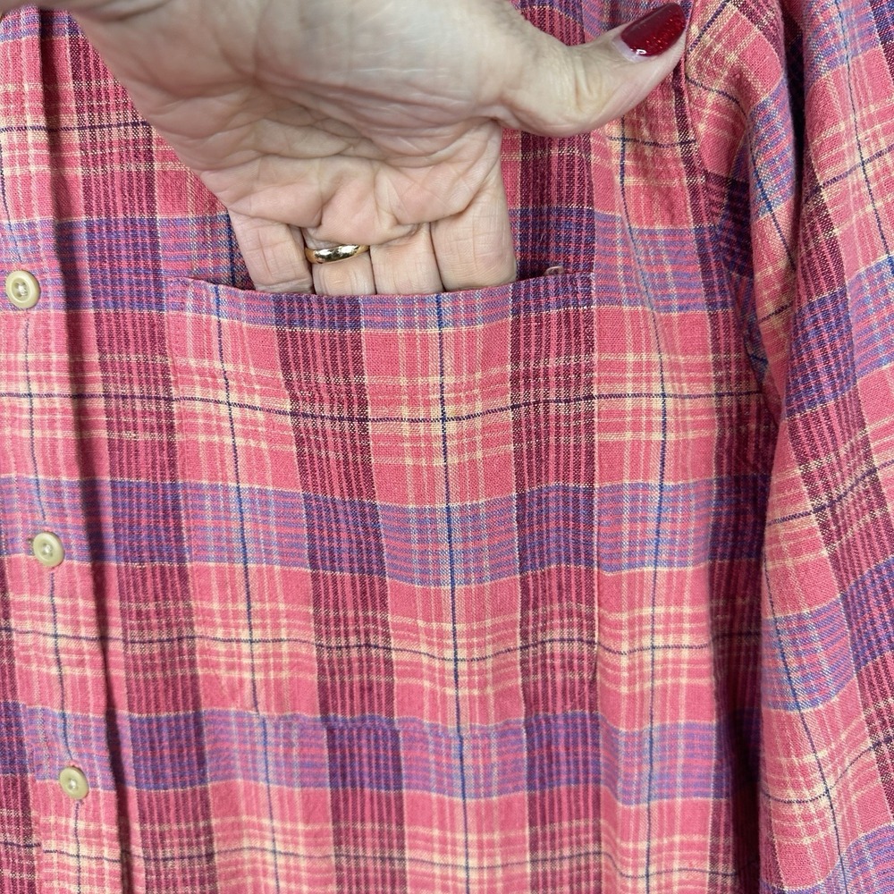LL Bean Women's Plaid Button Front Shirt Red Pink Blue Linen Cotton Classic XL - Picture 3 of 11